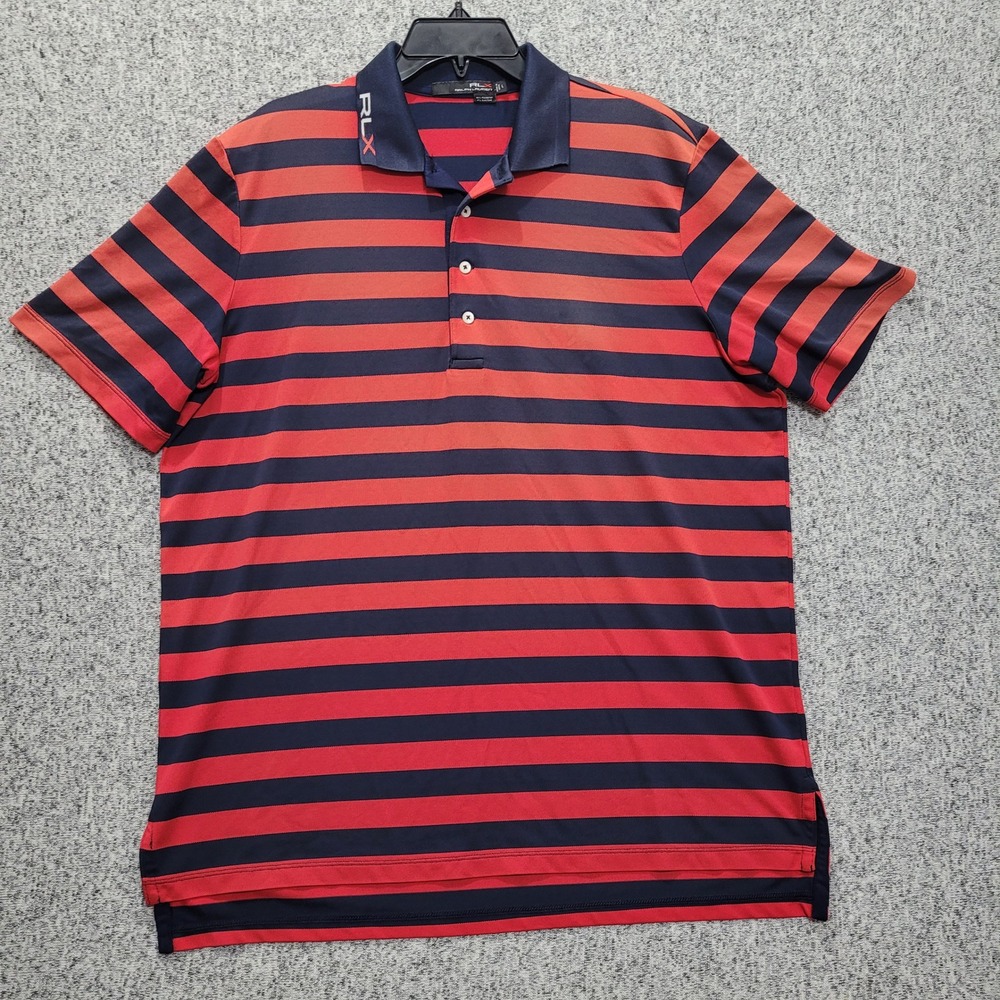 RLX Ralph Lauren Mens Large Navy Blue Red Striped Performance Golf Polo Shirt